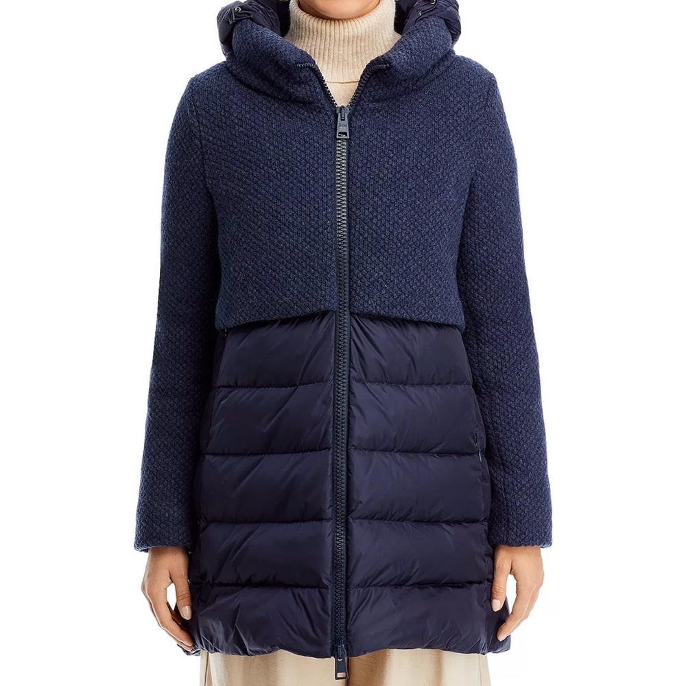 Herno Funnel Neck Wool Knit Overlay Down Puffer Coat/Jacket, Navy, 38EU, 2US